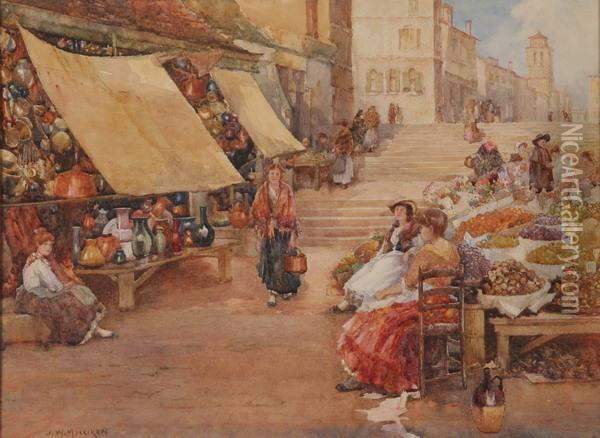 Women In Market Place With Fruit Baskets Oil Painting - James W. Milliken