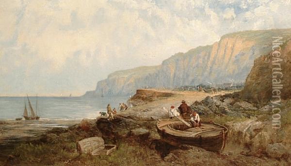 An Extensive Coastal Landscape With Figures Repairing A Boat In The Foreground Oil Painting - James Holland