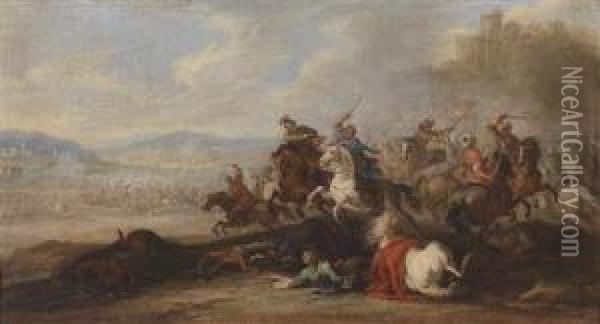 A Cavalry Engagement Between Christian Andottoman Soldiers Oil Painting - Jacques Courtois Le Bourguignon