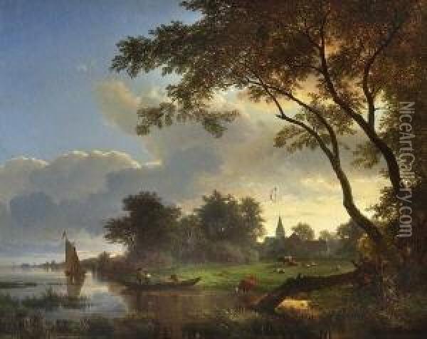 Sonnenaufgang Am See. Oil Painting - Pieter Lodewijk Kuhnen