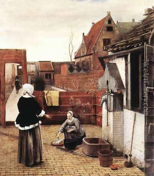 Woman and Maid in a Courtyard c. 1660 Oil Painting - Pieter De Hooch