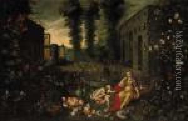 An Allegory Of Smell: A Putto 
Offering Flowers To A Nymph In The Garden Of A Palatial Mansion Oil Painting - Jan The Elder Brueghel