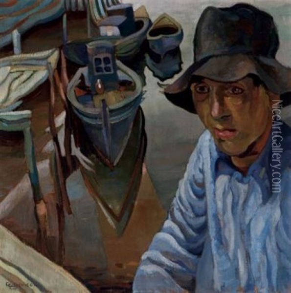 Fisherman At The Harbour (+ Farm Scene, Verso) Oil Painting - Pegi Nicol Macleod