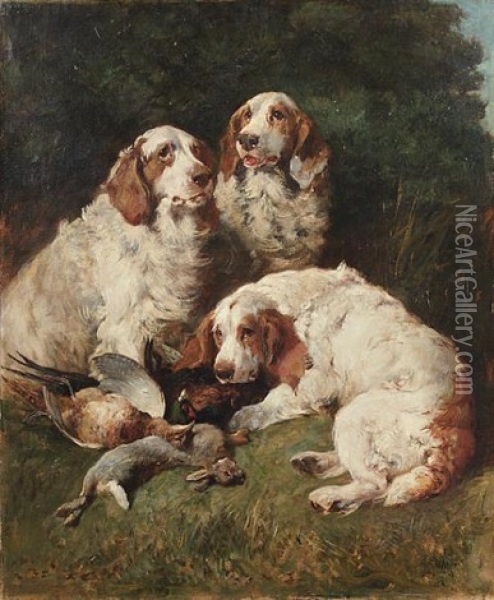 Clumber Spaniels With Game In A Landscape Oil Painting - John Emms