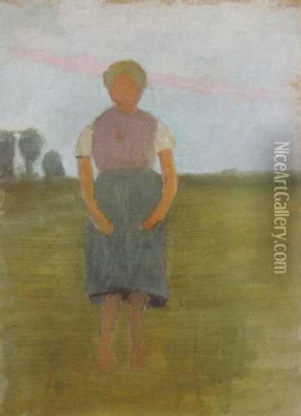 Stehendes Madchen In Blauem Rock In Landschaft Oil Painting - Paula Modersohn-Becker