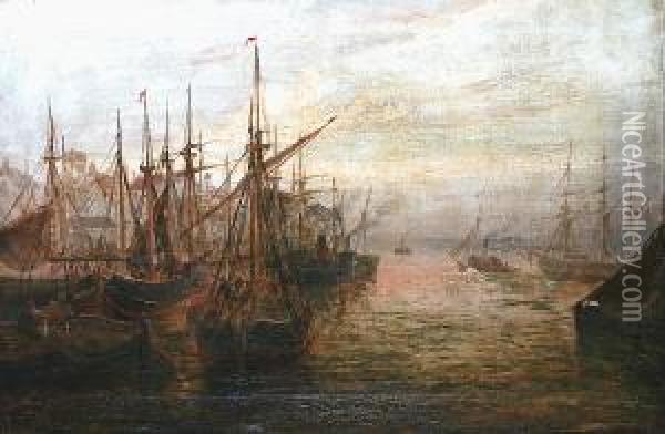 Fishing Boats In Harbour Oil Painting - Bernard Benedict Hemy