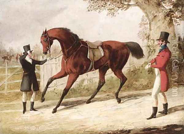A huntsman and his groom with a saddled bay hunter, the meet beyond Oil Painting - Henry Thomas Alken