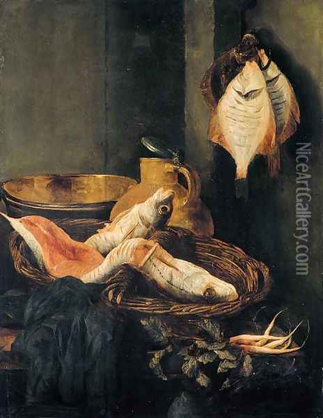 Still-Life with Fish in Basket Oil Painting - Abraham Hendrickz Van Beyeren