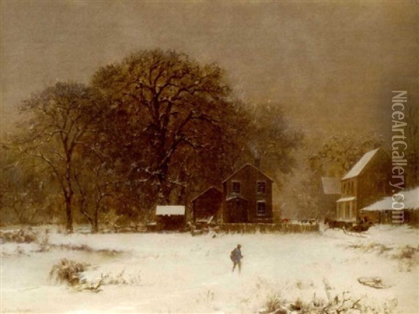 Winter Snow Scene With Travelers And Sleigh Oil Painting - Joseph Morviller