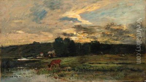 Landscape With Cow Watering At A Quiet Pool Oil Painting - Charles-Francois Daubigny