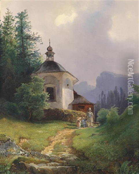 Kapelle Auf Dem Kalvarienberge In Der Lahn Bei Hailstadt (hallstatt) Oil Painting - Josef Holzer