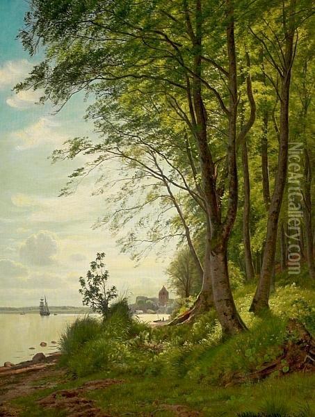 Scene From Kongebroskoven By Middelfart, Denmark. Signed Aand Dated Vilh. Groth 1875 Oil Painting - Vilhelm Georg Groth