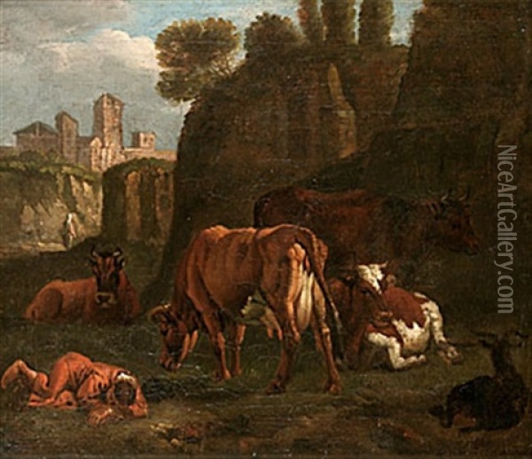 Italieniserande Landskap Med Herde Och Boskap Oil Painting - Johannes van der Bent