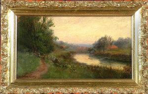 A Riverside Path With Red-roofed Cottages In The Distance Oil Painting - Johnson Hedley