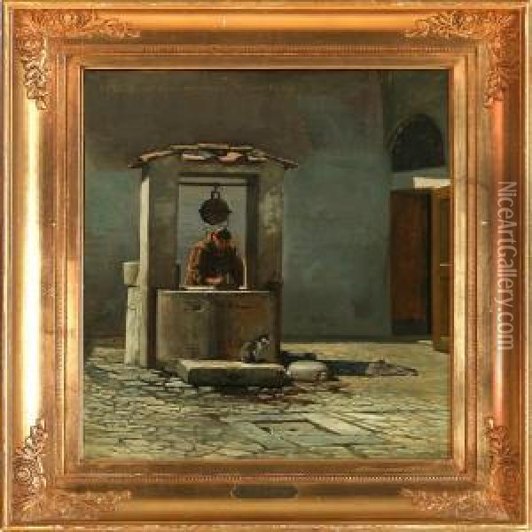 Scene From Rome With A Monk At A Well, At Boneventura Oil Painting - Frederick Christian Lund