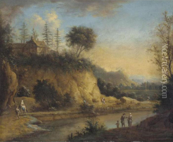 A Northern River Landscape With Figures On A Track, A Cottage Beyond Oil Painting - Johann Christian Vollerdt or Vollaert