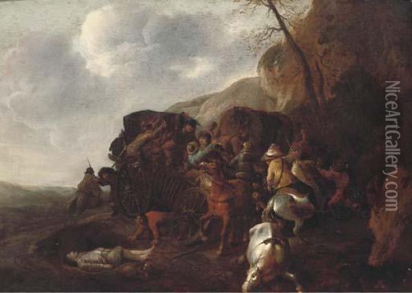 A Wagon Being Ambushed On A Mountain Pass Oil Painting - Jan von Huchtenburgh