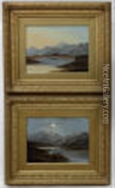 Highland Loch Scenes One During The Day And One At Night By Moonlight Oil Painting - Charles Leslie