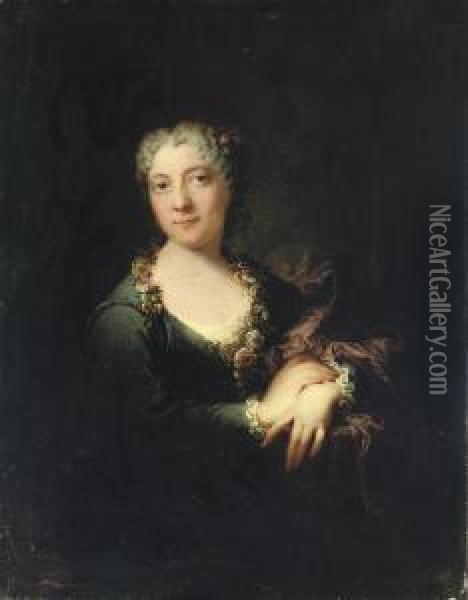 Portrait Of A Lady, Half-length,
 In A Blue Dress With A Purplewrap, Wearing Flowers Around Her Neck Oil Painting - Robert Tournieres