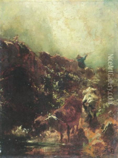 Kuhtreiber Mit Zwei Kuhen An Einem Bach Oil Painting - Johann Rudolf Koller
