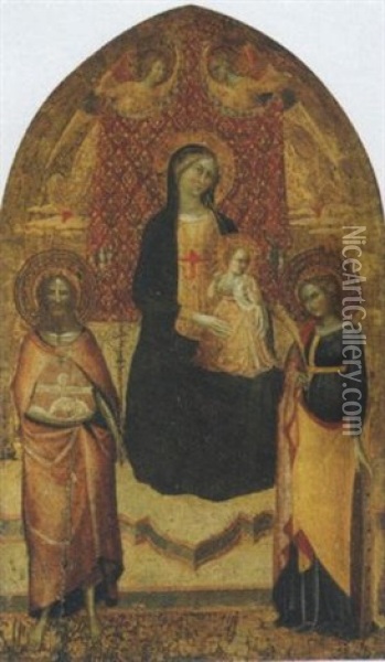 Madonna Con Bambino In Trono Con San Giovanni Battista, Santa Caterina D'alessandria E Due Angeli Oil Painting -  Lippo d'Andrea (Ambrogio di Baldese)