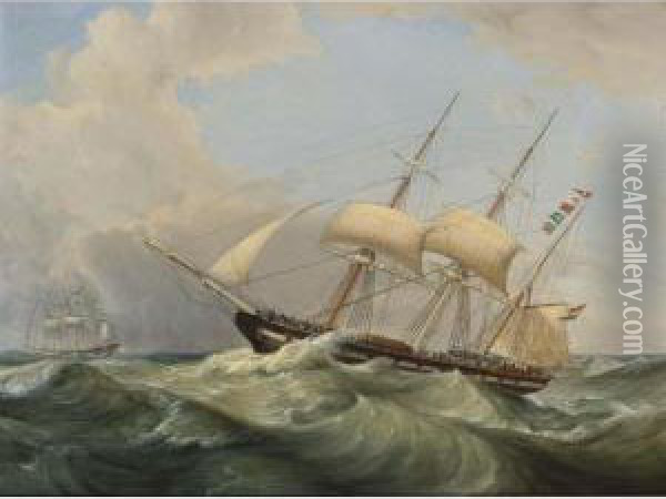 Shipping At Rough Seas; The Lousia Approaching The Harbour (a Pair) Oil Painting - Casparus Johannes Morel
