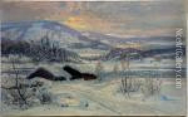 Stugor I Vinterlandskap Oil Painting - Carl Brandt