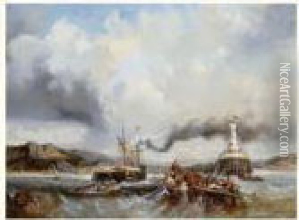 Pecheurs A Bord D'un Canot Et Paquebot Entrant Dans Un Port Du Nord De La France Oil Painting - Eugene Deshayes