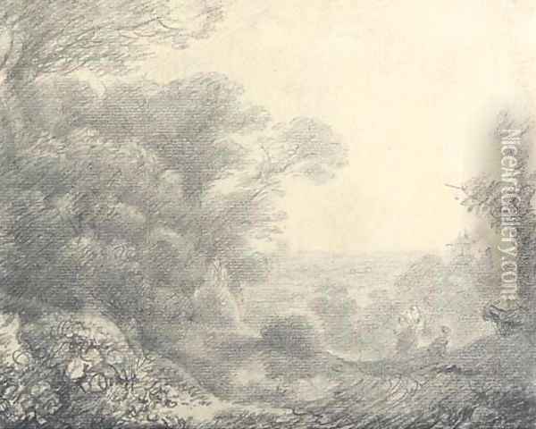 Wooded landscape with figures, donkeys and buildings Oil Painting - Thomas Gainsborough