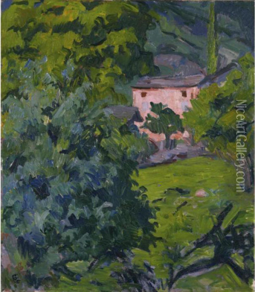 Red House In The Green Landscape Oil Painting - Giovanni Giacometti