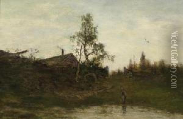 Landscape With Farmers' Cottage By A Pond Oil Painting - Axel Wilhelm Nordgren