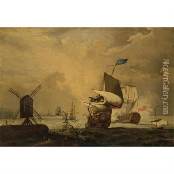 An English Man-of-war Firing A Salute Off The Coast Oil Painting - Ludolf Backhuysen the Elder