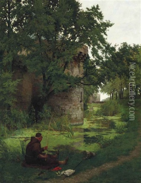 Fishing In The Castle Moat Oil Painting - Louis Auguste Georges Loustaunau