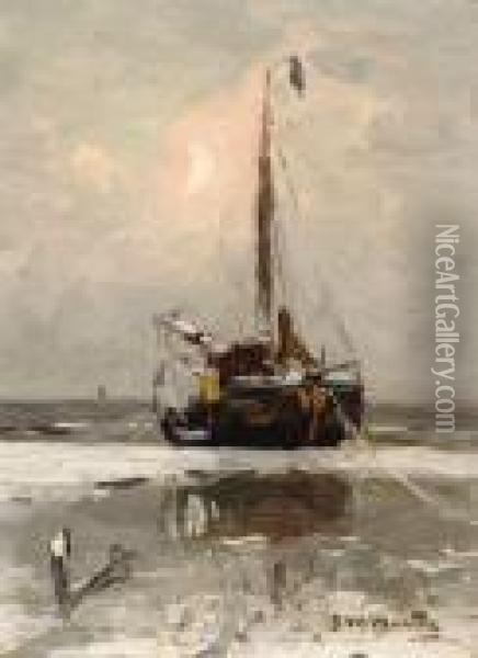 Barge On The Beach At Dusk Oil Painting - Gerhard Arij Ludwig Morgenstje Munthe