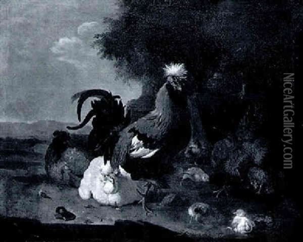 A Cockerel, Hen And Chicks In A Landscape Oil Painting - Melchior de Hondecoeter