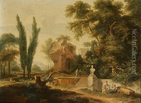 An Italianate Landscape With Figures Amongst Ruins Oil Painting - Jan Van Huysum