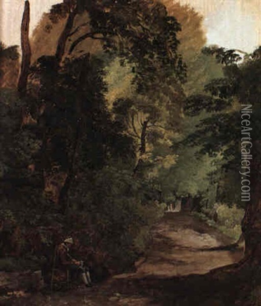 Gentleman Dozing In A Chair At The End Of A Wooded Garden Path Oil Painting - Hubert Robert