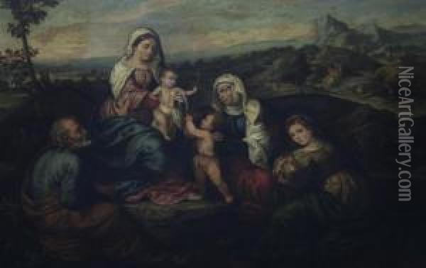 Jesus And Mary With Saints Joseph, John, Elizabeth Andcatherine Oil Painting - Bonifacio Veronese (Pitati)