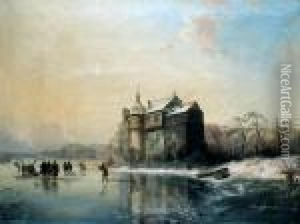 Pejzaz Zimowy Z Zamarznietym Kanalem I Postaciami Oil Painting - Andreas Schelfhout