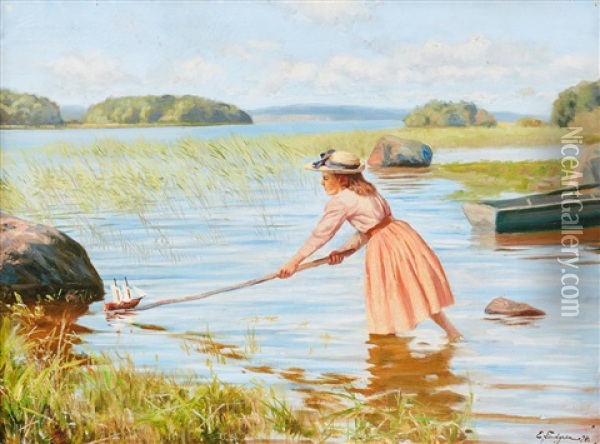 Sommarbild Med Lekande Flicka Vid Strandkanten Oil Painting - Emil (Harald Emanuel) Lindgren