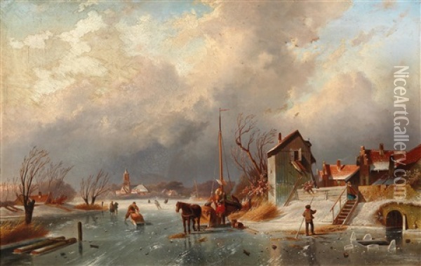 Canal Landscape In Winter Oil Painting - Elias Pieter van Bommel