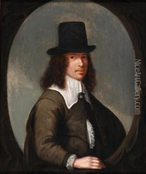Portrait Of Agentleman, Bust-length Wearing A Black Tophat Oil Painting - Christoffel Jacobsz van der Lamen