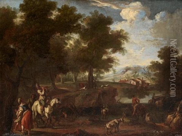 Horsemen In A River Landscape Oil Painting - Christian Reder