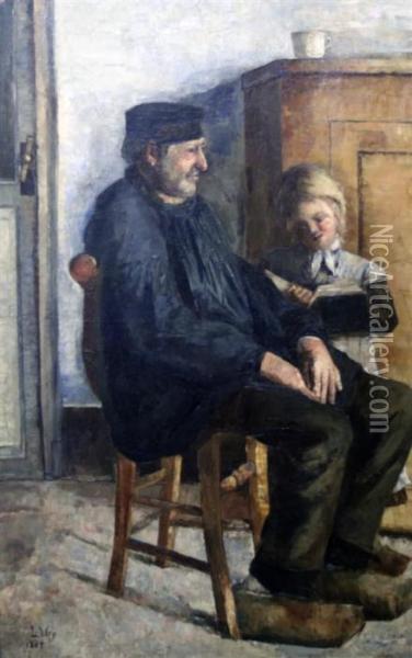 Seated Man Listening To A Child Reading Oil Painting - Lesser Ury