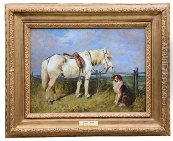 Saddled Grey Pony And A Seated Collie By A Gate Oil Painting - John Emms