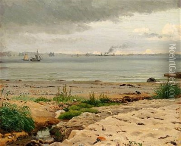 View Of Hoganaes And Kullen Seen From The Coast Near Hellebaek, Northern Zealand Oil Painting - Vilhelm Peter Karl Kyhn
