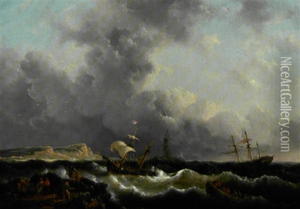 Sejlskibe Og Robad I Oprort Hav Ud For Klippekyst Oil Painting - George Willem Opdenhoff