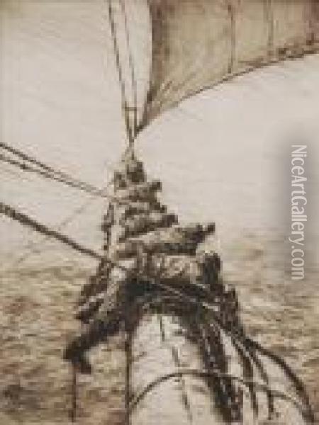 Stowing The Mainsail Oil Painting - Arthur John Trevor Briscoe