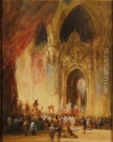 Procesian En El Interior De Un Templo. Oil Painting - Genaro Perez Villaamil Y Duguet