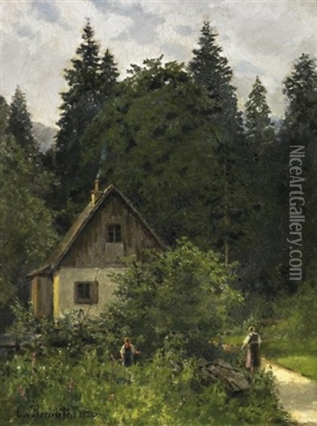 Sommertag Im Gebirge. Bauersleut Vor Einsamer Kate Am Waldesrand Oil Painting - Ernst Von Bernuth